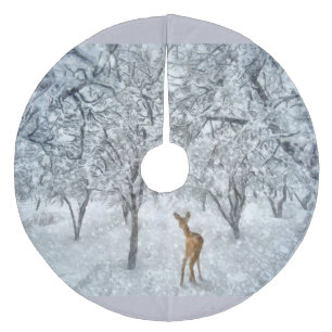 Doe in Silver Winter Snow Fall Watercolor Fleece Tree Skirt