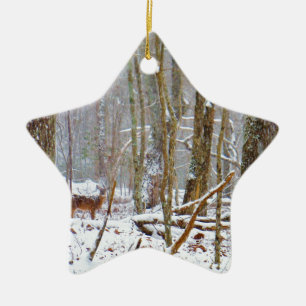Doe in the snow, Deer in Lake Arrowhead Ceramic Tree Decoration