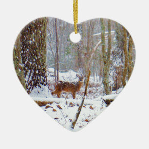 Doe in the snow, Deer in Lake Arrowhead Ceramic Tree Decoration