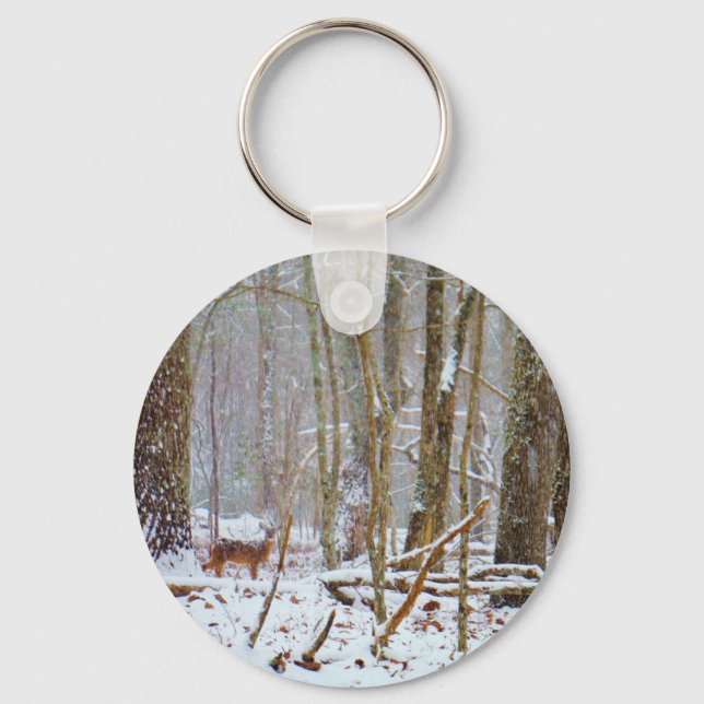 Doe in the snow, Deer in Lake Arrowhead Key Ring (Front)