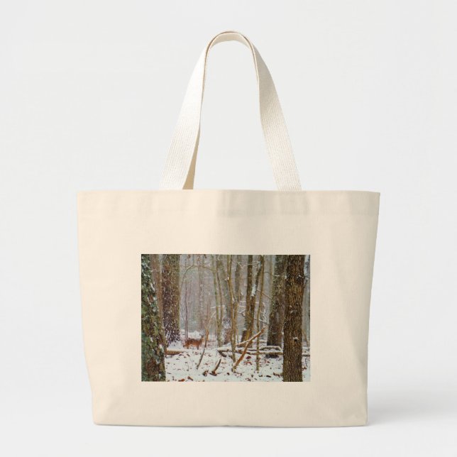 Doe in the snow, Deer in Lake Arrowhead Large Tote Bag (Front)