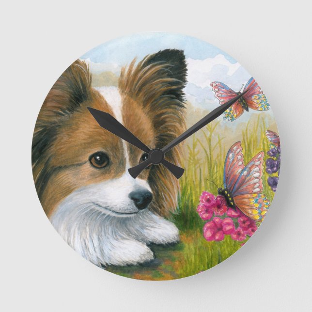 Dog 123 Papillon dog with Butterflies Round Clock (Front)
