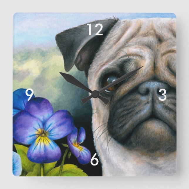 Dog 133 Pug Blue Purple Flower Square Wall Clock (Front)