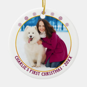Dog 1st Christmas - Photo Name & Year - White Gold Ceramic Tree Decoration