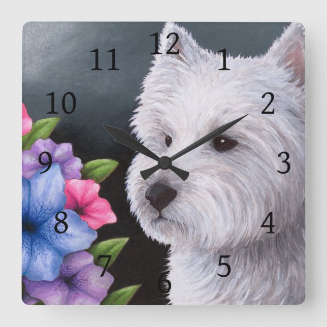 Dog 82 White Westie Square Wall Clock (Front)