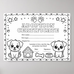 Dog adopt a pet colouring certificate poster