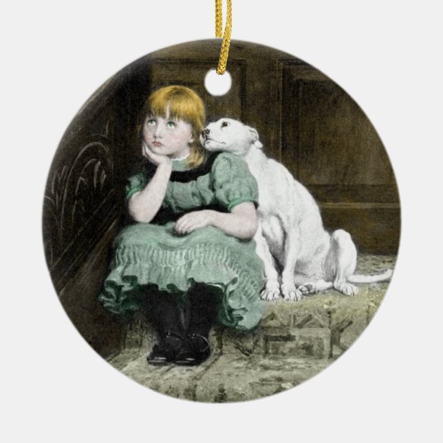 Dog Adoring Girl Ceramic Tree Decoration (Front)