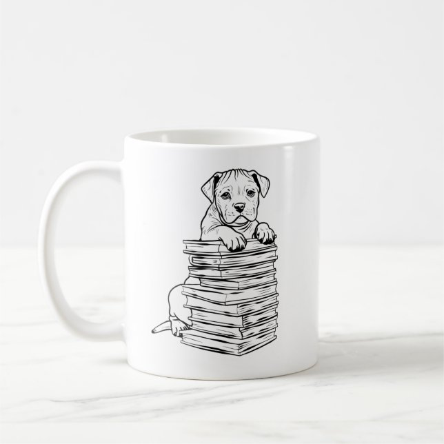 Dog and Books Line Art Coffee Mug (Left)