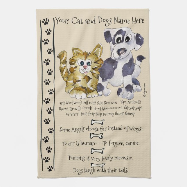 Dog and Cat Cartoon Quotes Kitchen Towel (Vertical)