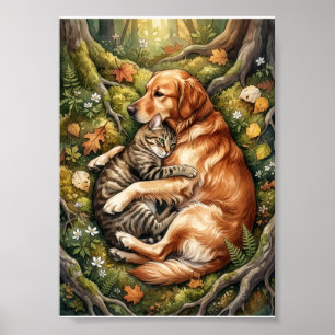 Dog And Cat Hug Forest Wildlife Companionship Flee Poster