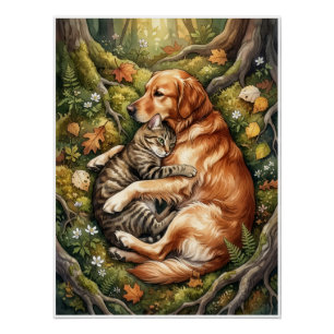 Dog And Cat Hug Forest Wildlife Companionship Flee Poster