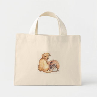 dog and cat in a basket mini tote bag