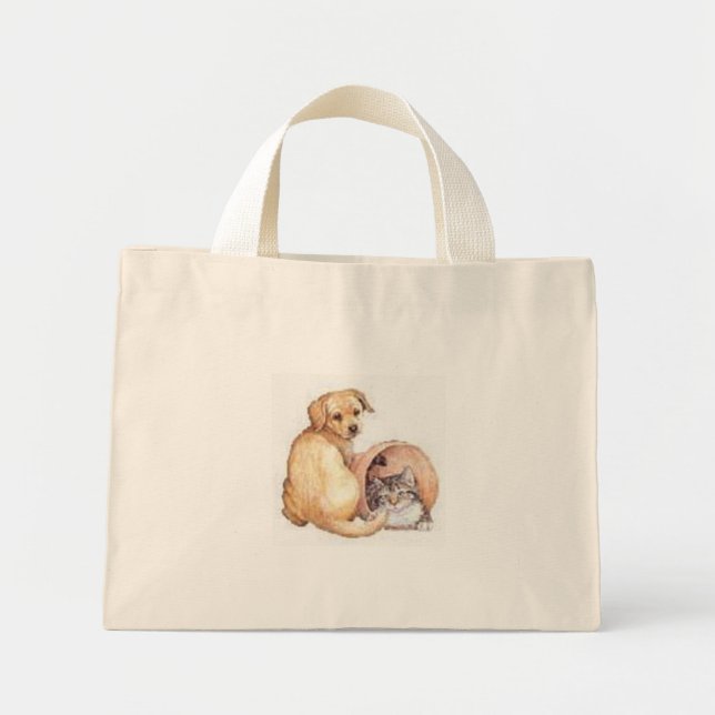 dog and cat in a basket mini tote bag (Front)