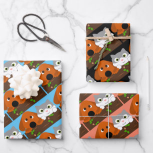 Dog And Cat On Branch Wrapping Paper Sheet