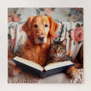 Dog and cat reading a book jigsaw puzzle