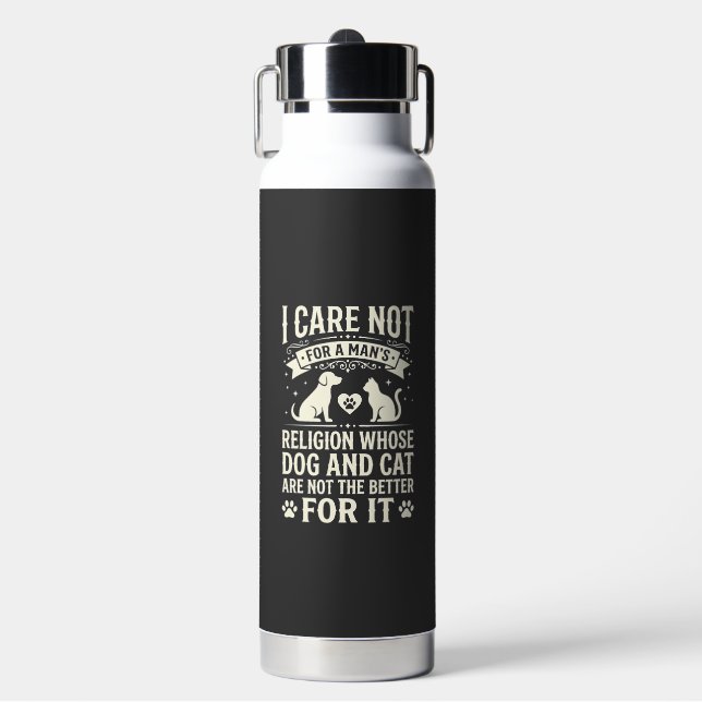 Dog and Cat Religion Quote Water Bottle (Front)