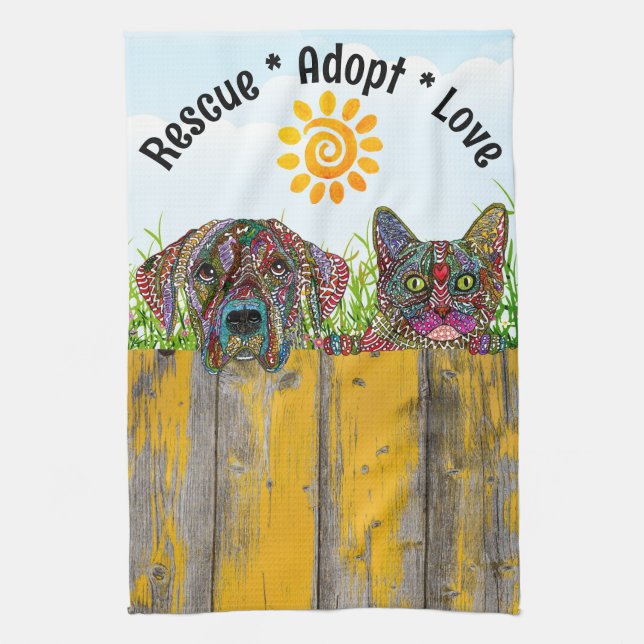 Dog and Cat Rescue Adopt Love Kitchen Towel (Vertical)