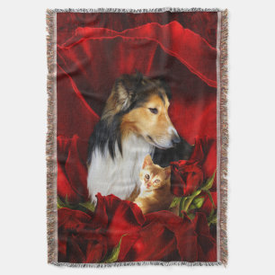 Dog and Kitten embedded in Red Roses Throw Blanket