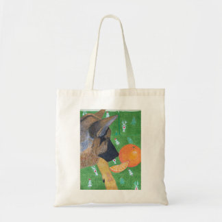 Dog and orange bag