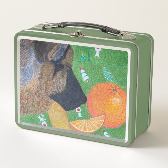 Dog and orange metal lunch box (Front)