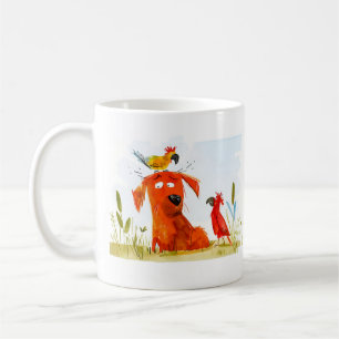 Dog and Parrots Cartoon Coffee Mug