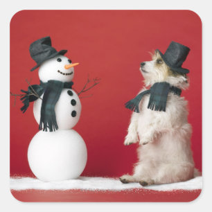 Dog and Snowman Square Sticker