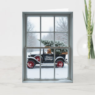 Dog Antique Car Seasons Greetings Card