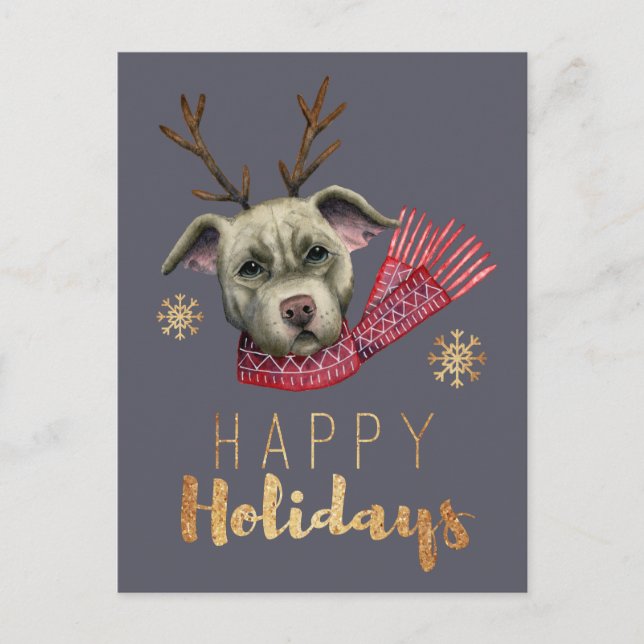 Dog Antlers Christmas Pit Bull Terrier Holiday Postcard (Front)