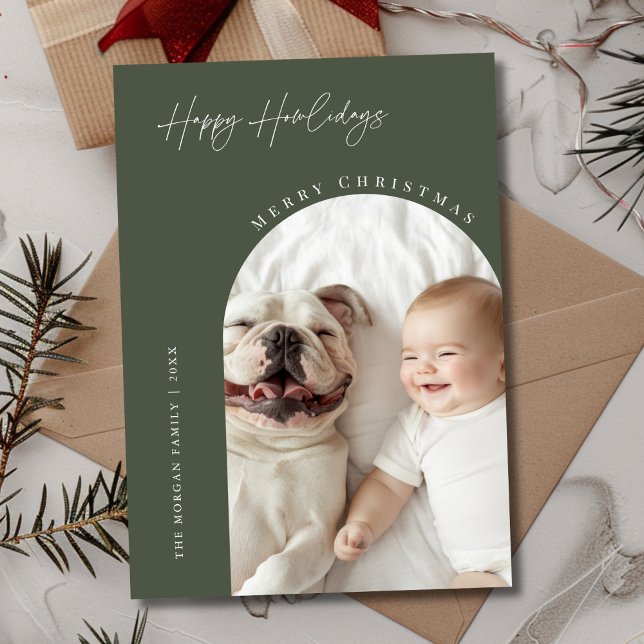 Dog Arch Photo Christmas Happy Howlidays Green Holiday Card (Creator Uploaded)