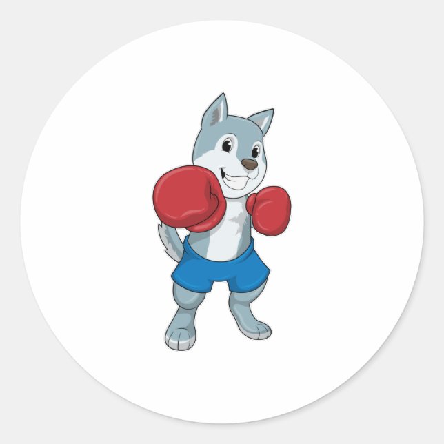 Dog as Boxer with Boxing gloves Classic Round Sticker (Front)