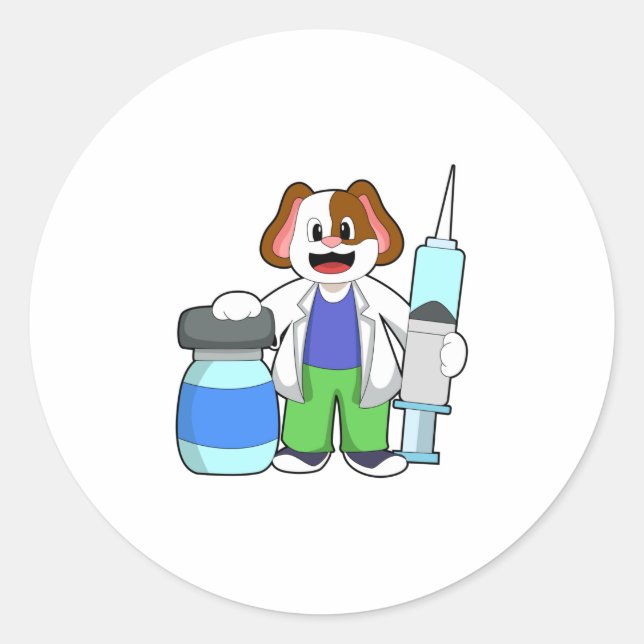 Dog as Doctor with Syringe Classic Round Sticker (Front)