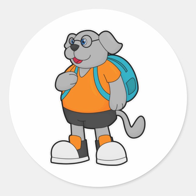 Dog as Hiker with Backpack Classic Round Sticker (Front)