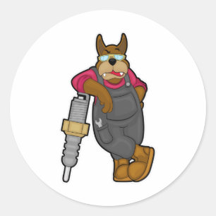 Dog as Mechanic with Spark plug Classic Round Sticker