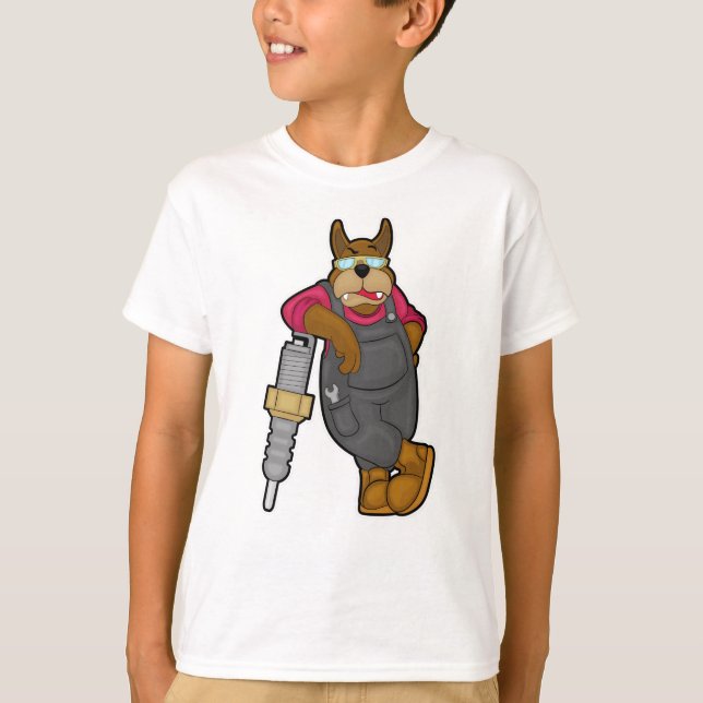 Dog as Mechanic with Spark plug T-Shirt (Front)