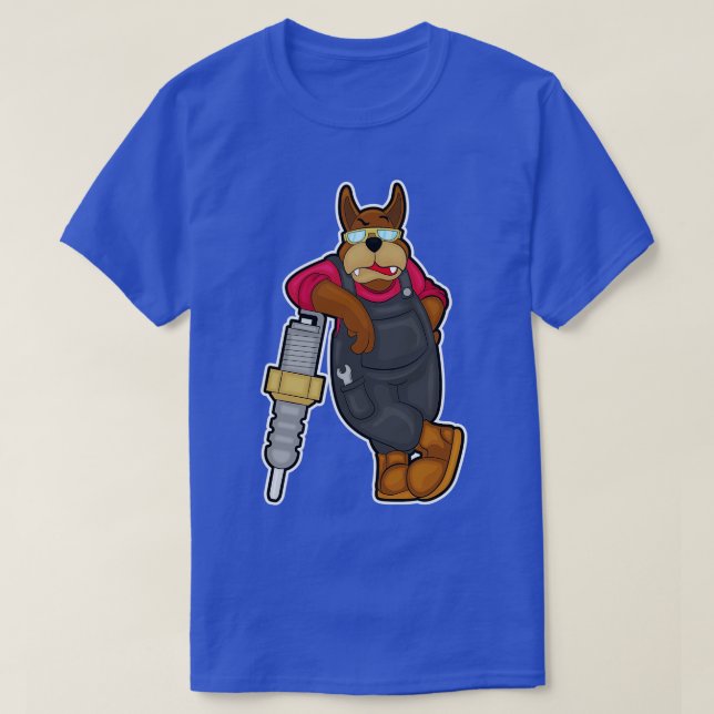 Dog as Mechanic with Spark plug T-Shirt (Design Front)