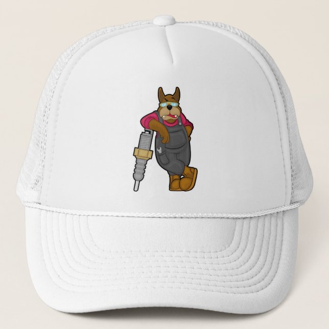Dog as Mechanic with Spark plug Trucker Hat (Front)