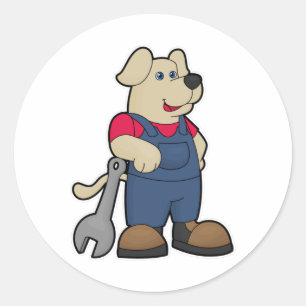 Dog as Mechanic with Wrench Classic Round Sticker