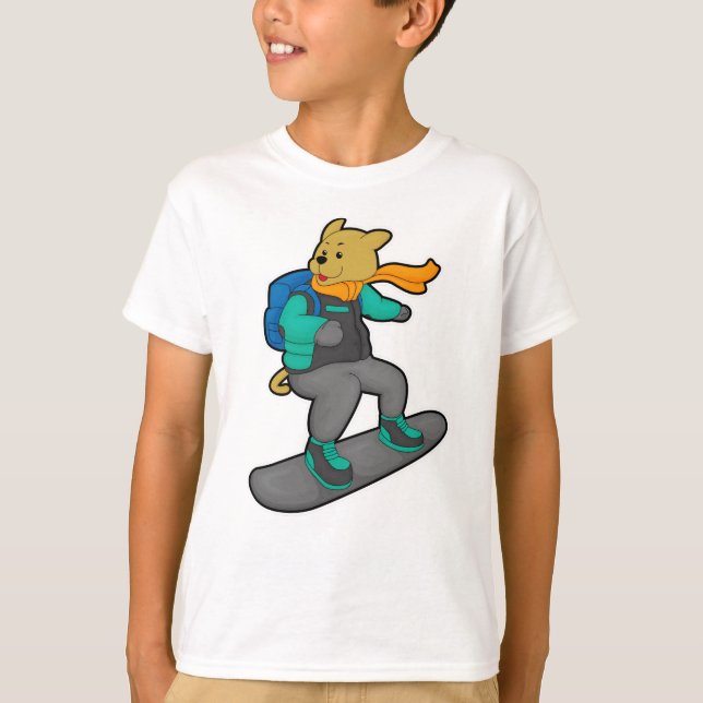 Dog as Snowboarder with Snowboard & Backpack T-Shirt (Front)