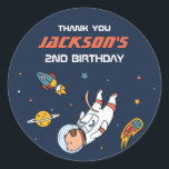 Dog Astronaut Outer Space Kids Birthday Party Classic Round Sticker<br><div class="desc">Cute party favours for kids,  boys or girls who love outer space,  astronomy,  planets,  rocket and outer space. Perfect for kids birthday party,  party favours and thank you label. You can also customise the text for baby shower or other occasion and party.</div>