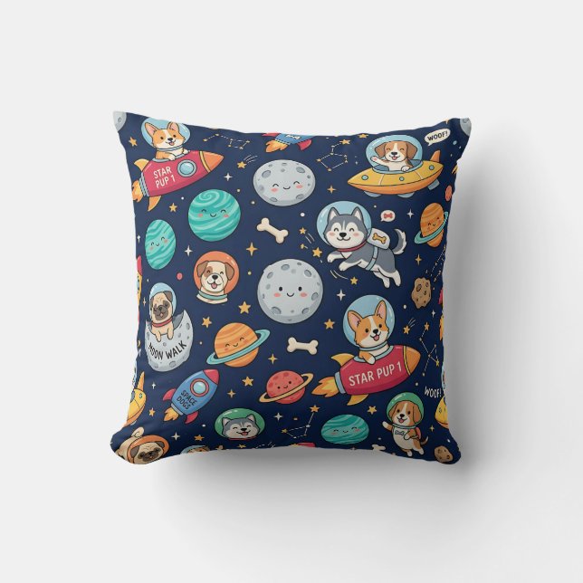 Dog Astronaut Throw Pillow – Space Rocket Pattern (Front)