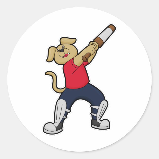 Dog at Cricket with Cricket bat Classic Round Sticker (Front)