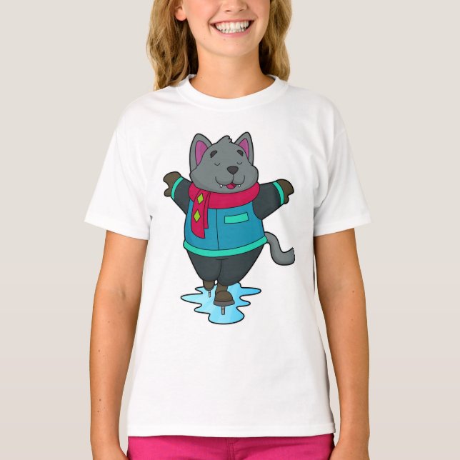 Dog at Ice skating with Ice skates & Scarf T-Shirt (Front)