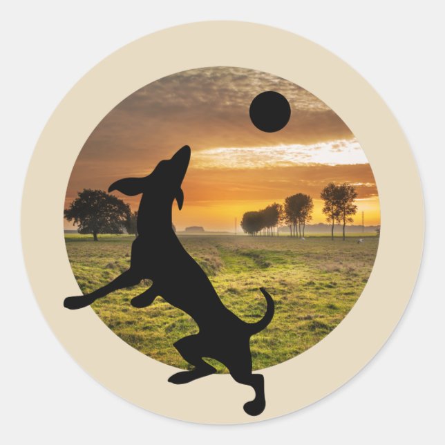 Dog at play classic round sticker (Front)