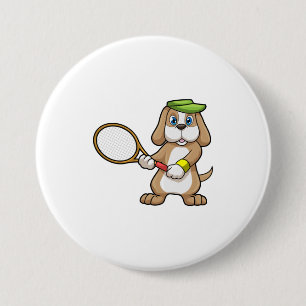 Dog at Tennis with Tennis racket & Cap 7.5 Cm Round Badge