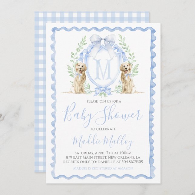 Dog Baby Shower Preppy Boy Puppy Blue Gingham Invitation (Front/Back)