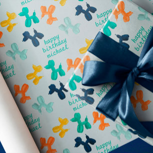 Dog Balloon Pattern Custom Name Kids Birthday Wrapping Paper