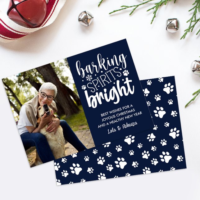 DOG BARKING SPIRIT BRIGHT PAWS NAVY CHRISTMAS  HOLIDAY CARD (NAVY WHITE PET OR DOG THEMED PHOTO CARD FOR ANIMAL LOVER ADD YOU FURRY FRIEND FOTO DIGITAL DOWNLOAD)