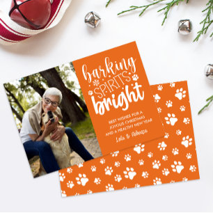 DOG BARKING SPIRIT BRIGHT PAWS ORANGE CHRISTMAS  HOLIDAY CARD