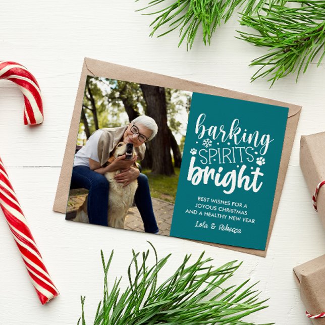 DOG BARKING SPIRIT BRIGHT PET TEAL CHRISTMAS  HOLIDAY POSTCARD (TEAL COLOR EDITABLE PET DOG LOVER BARKING CHRISTMAS POSTCARD SEND HOWLIDAYS)