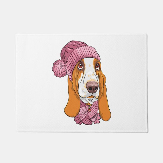 dog Basset Hound breed in knitted hat  Doormat (Front)